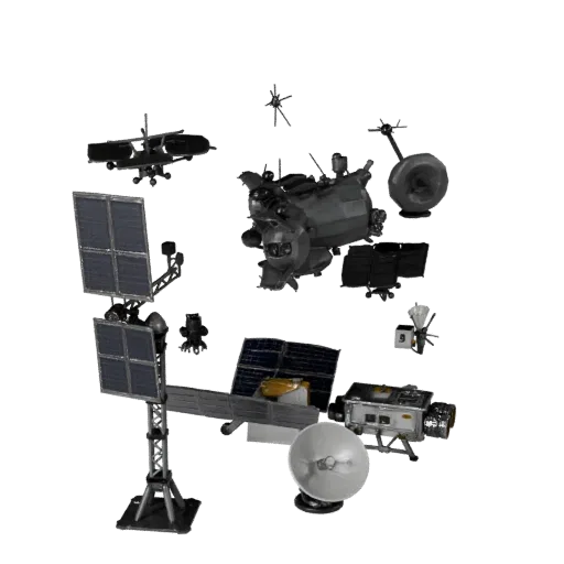 Weather Relay Station Stylized 3D model, stylized isometric render, showing solar panels, spacecraft silhouette.