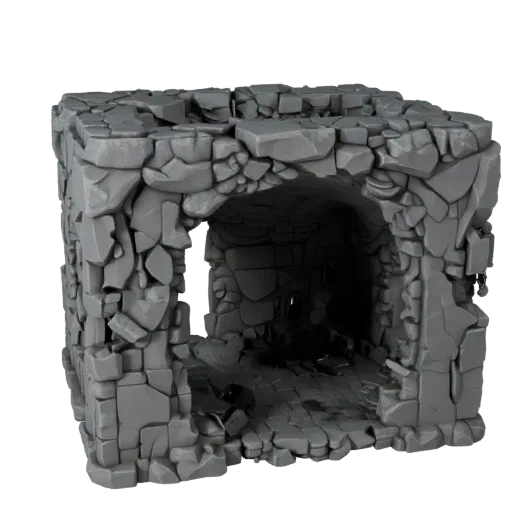 Lava Cave Chamber Modular 3D model, isometric modular kit view, showing aged stone, lava channels.