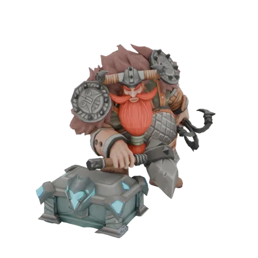 3D model of a fierce Dwarven warrior with a red beard and horned helmet, holding a hammer over a glowing treasure chest.
