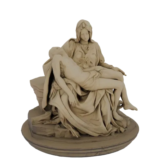 3D model of Michelangelo's Pieta sculpture, showing the Virgin Mary cradling the body of Jesus Christ, rendered in a stone-li