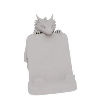 Ein 3D-Rendering eines hellgrauen, stilisierten Drachen mit stacheligen Kämmen, der über die Oberkante einer Handyhalterung l