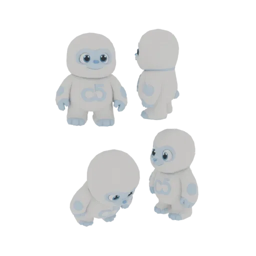 A 3D render of a cute, white, cartoonish creature with blue accents and large eyes, shown from multiple angles.