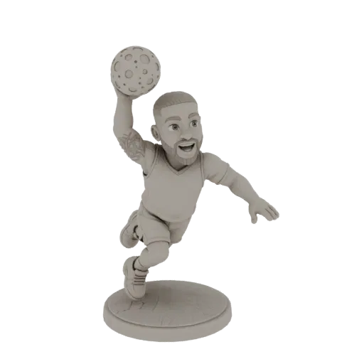 3D model of a stylized basketball player in a dynamic pose, holding a basketball, on a textured base.