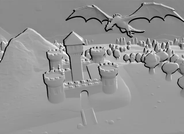 Modelo 3D de baixo-relevo com um dragão pairando sobre um castelo medieval, árvores e montanhas.