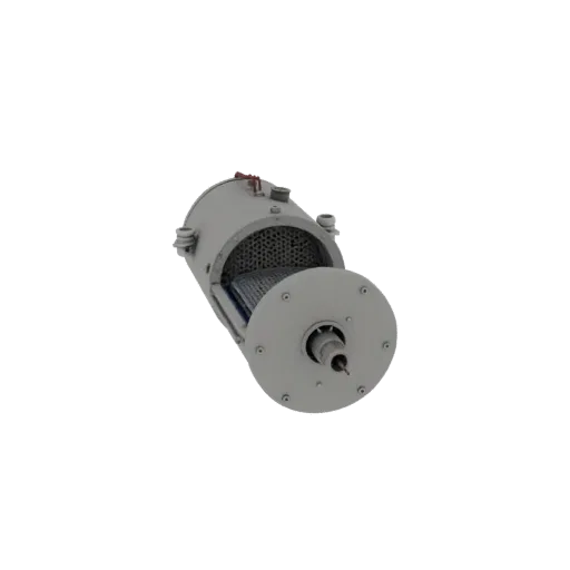 3D model of a prototype electrostatic ion thruster, showing its internal grid optics and external components.