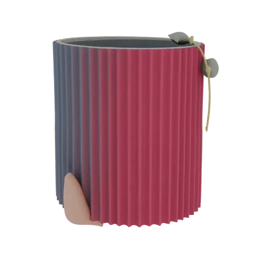 3D model of a fluted cylinder planter with ombre blue-to-pink coloring and a small leaf accent on the rim.