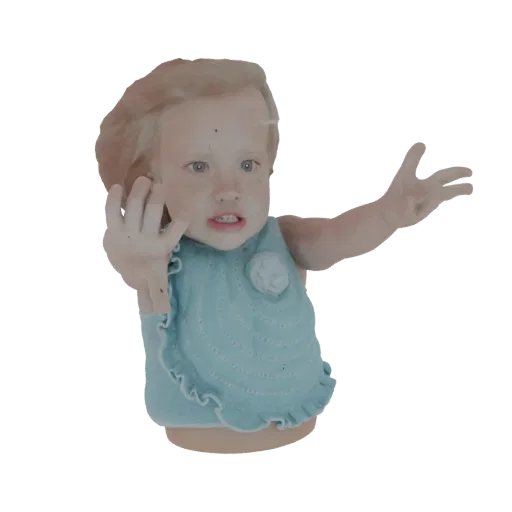 3D model of a baby girl with blonde hair, wearing a blue dress with a floral applique, her hands are outstretched.