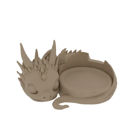 3D model of a cute, sleeping baby dragon curled around a small dish, rendered in a neutral beige color.