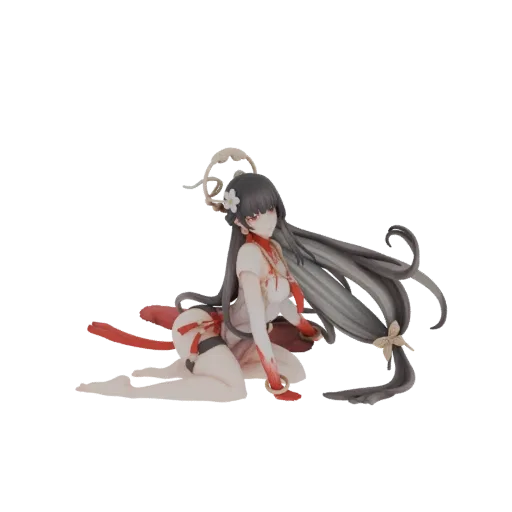 3D model of an elegant woman with long, dark, flowing hair, seated gracefully with a serene expression.