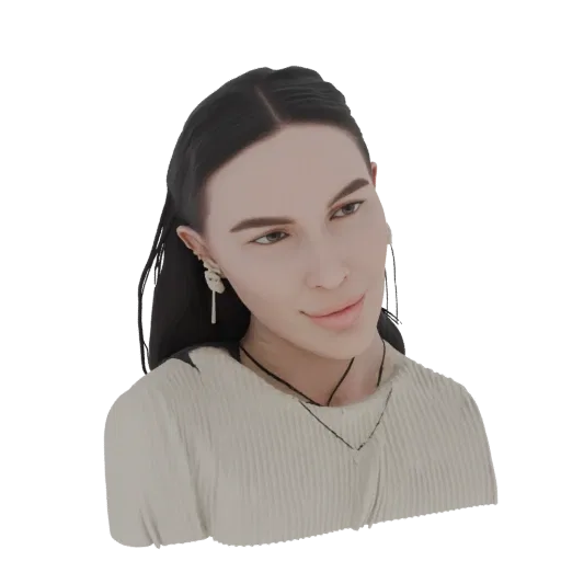 KI-generiertes 3D-Modell einer Frau mit dunklen Haaren, trägt ein texturiertes Oberteil und eine Halskette, mit einem sanften