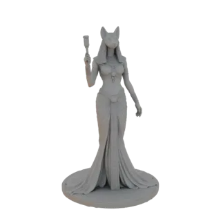 3D model of the Egyptian goddess Bastet, depicted as a feline-headed woman in a flowing gown, holding a scepter.