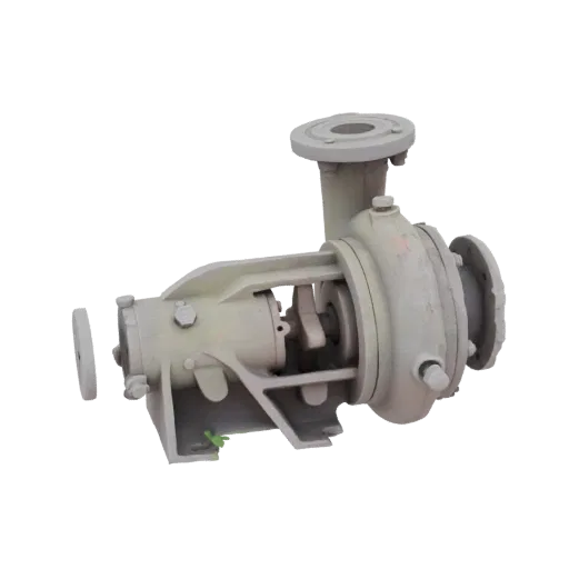 3D model of a gray centrifugal pump with visible impeller and flanged connections, set against a black background.
