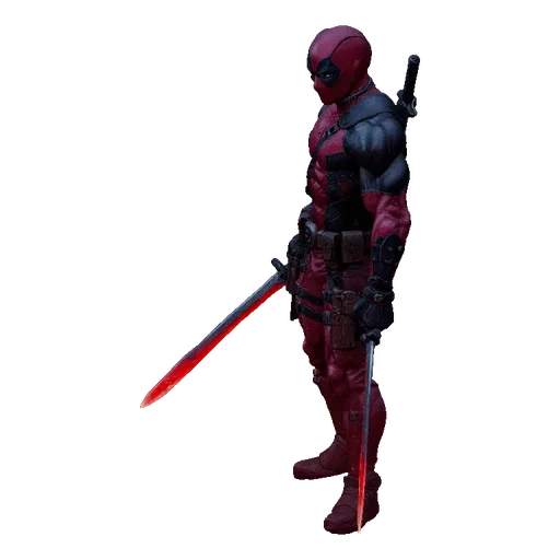 3D model of Deadpool standing with two glowing red katana blades, wearing his iconic red and black suit.