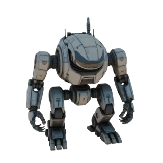 A 3D render of a white mech robot with a blue visor, standing on a black background.