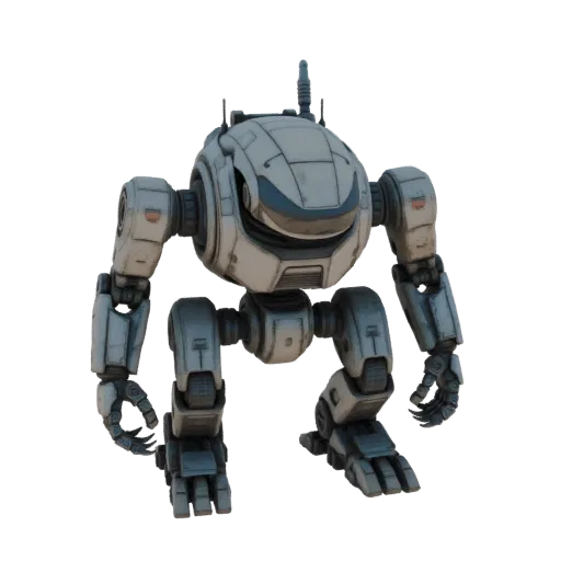 A 3D render of a white mech robot with a blue visor, standing on a black background.