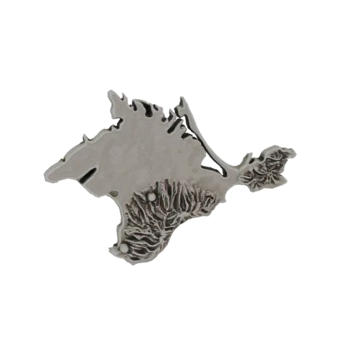 3D model of the Crimea Peninsula with detailed topography and a metallic finish, featuring two small spherical markers.