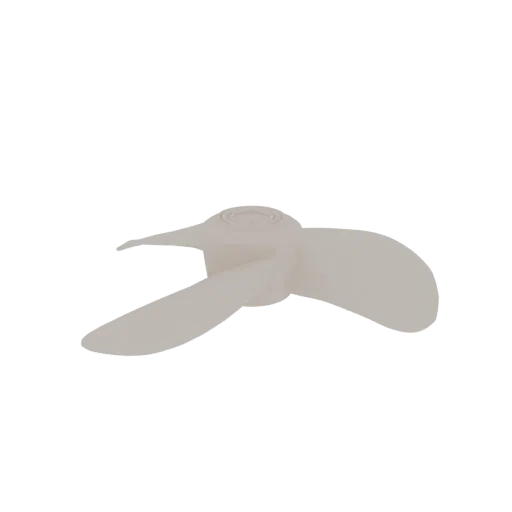 A 3D model of a light-colored, three-bladed propeller against a white background.