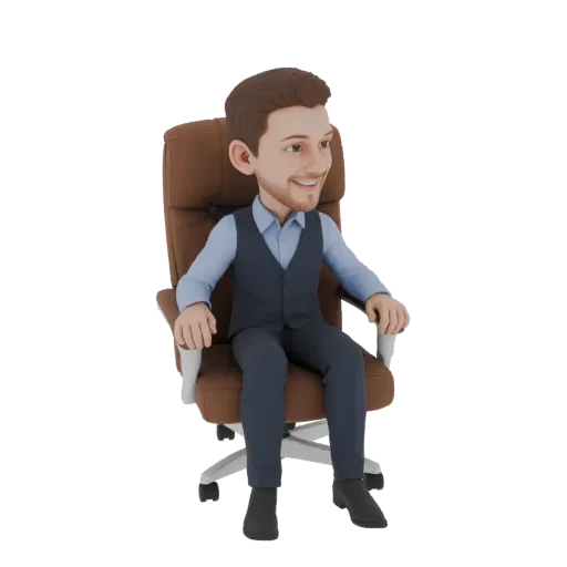 3D model of a cartoon businessman in a blue shirt and dark vest, smiling while sitting in a brown office chair.