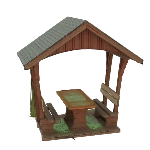 3D-Modell eines rustikalen Holz-Gazebos mit Schrägdach, integriertem Holztisch und zwei Bänken.