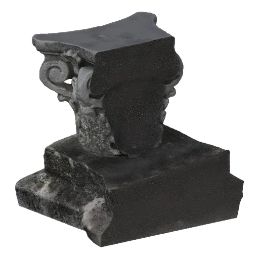 3D model of a broken Corinthian column capital with detailed acanthus leaves and volutes, resting on a rough, tiered pedestal