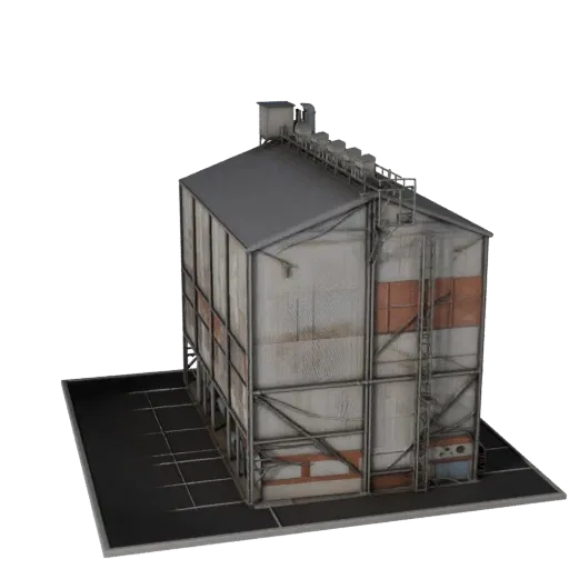 Getreidesilo stilisierter 3D-Modell, isometrische stilisierte Spielumgebungsansicht, die industrielle Gebäudematerialien und