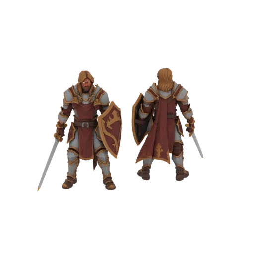 3D model of a fantasy knight in full armor, holding a sword and a shield with a dragon emblem, viewed from the front and back.