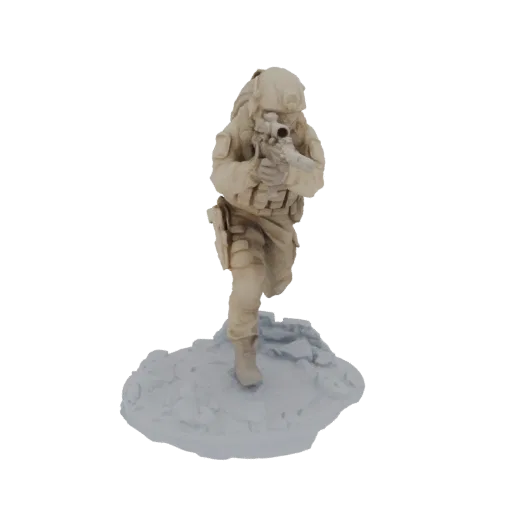 3D-Render einer modernen Soldatenminiatur in taktischer Ausrüstung, die ein Gewehr in einer Action-Pose auf einem felsigen So