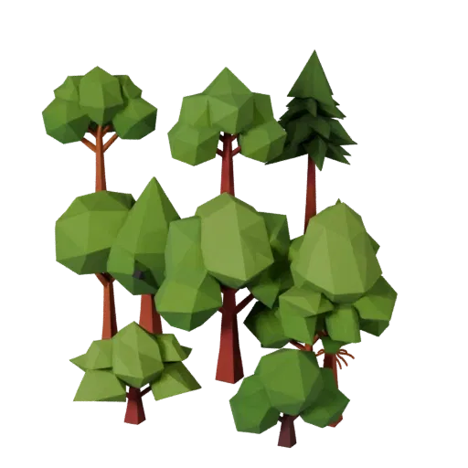 Pine Forest Pack Low Poly 3D model, game viewport three-quarter view, showing leaf clusters, terrain detail.