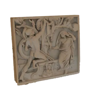 3D model of the 'Jason and Medea' bas-relief sculpture, showing Jason reaching for a child while Medea stands nearby.