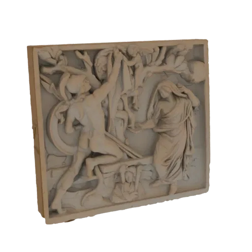Modelo 3D relevo "Jasão e Medeia", Jasão alcançando criança, Medeia ao lado.