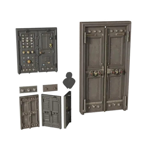 Dungeon Locked Door Panel 3D model, three-quarter front view, Unreal Engine viewport, showing metal hinges, form detail.