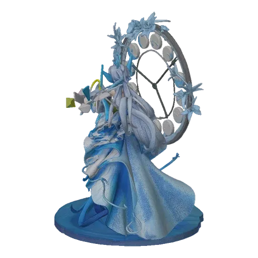 3D model of an elegant Ice Queen with flowing blue and white icy attire, holding a yellow geometric object, with a detailed c
