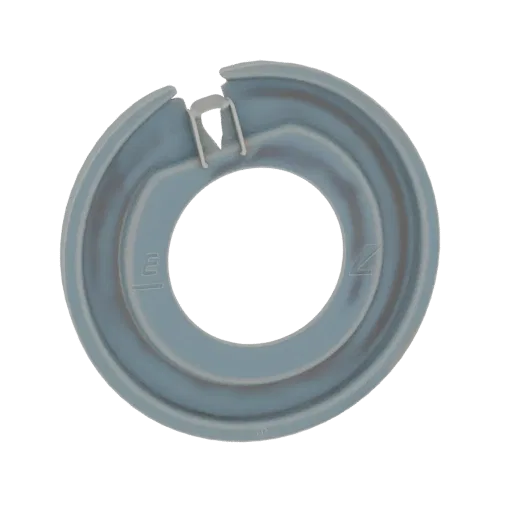 3D render of a light blue circular spacer with embossed 'E' and 'Z' markings, set against a black background.
