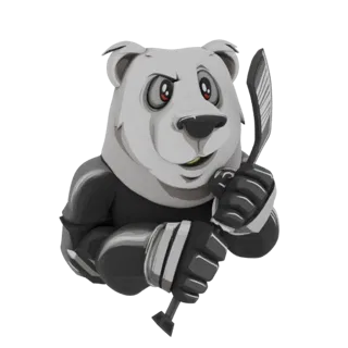 3D model of a cartoon panda mascot in a hockey stance, holding a hockey stick, with a determined expression.
