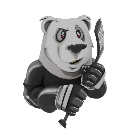 3D model of a cartoon panda mascot in a hockey stance, holding a hockey stick, with a determined expression.