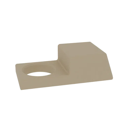 3D render of a beige angled bracket with a circular hole, presented against a white background.