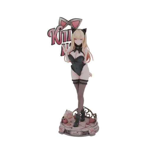 3D model of a blonde anime girl in a black bunny suit, striking a peace sign, with a 'Kitsune' sign behind her and a decorati