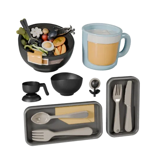 Breakfast Salad Bowl Set Stylized 3D model, stylized isometric render, showing ceramic, arranged serving layout.