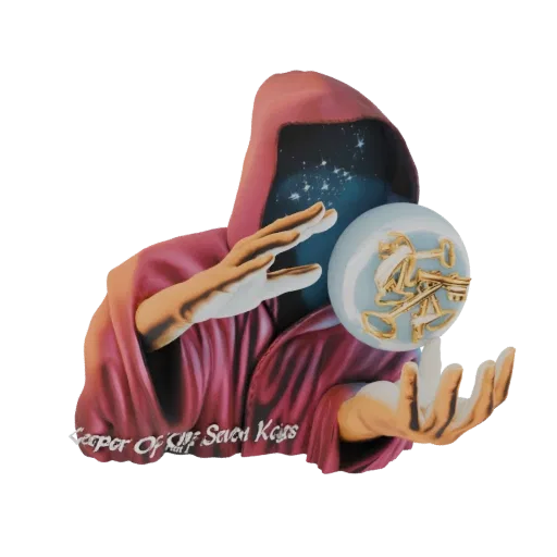 3D model of a hooded figure in red robes holding a crystal ball with golden keys inside, text 'Keeper Of The Seven Keys' at t