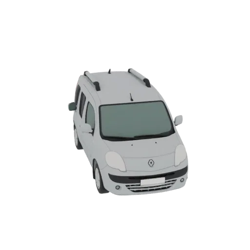 A 3D model render of a white Renault Kangoo, viewed from a slightly elevated front-right angle against a black background.
