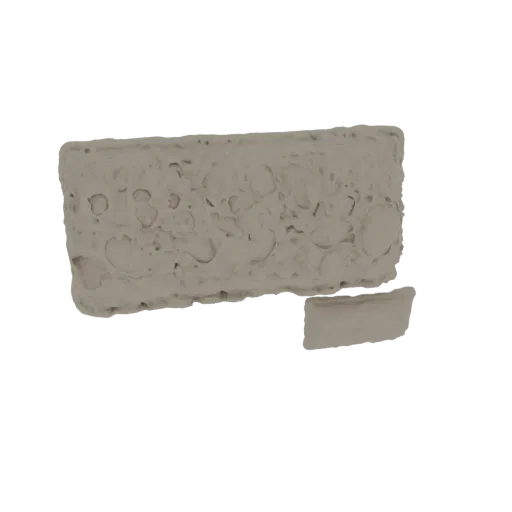 3D model of a rough, broken brick fragment with a textured, porous surface and irregular edges.