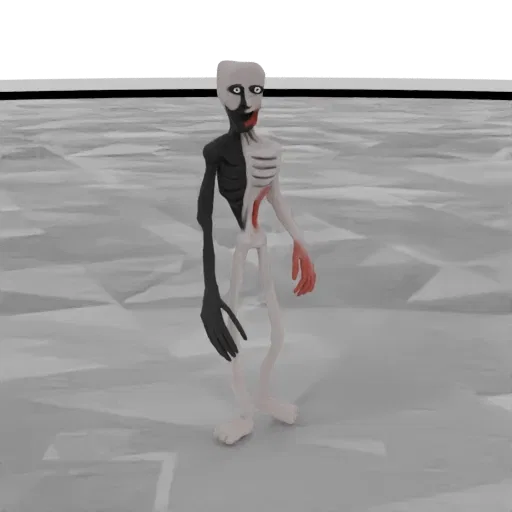 A 3D render of a bifurcated humanoid figure, with its left side black and right side white, standing on a grey, textured surf