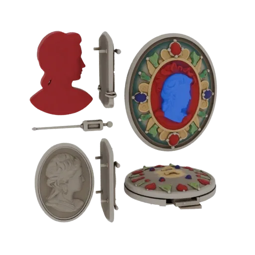 Vintage Cameo Brooch collectible detail 3D model, studio profile shot, showing brooch silhouette and surface contrast.