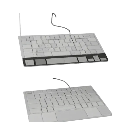 Minimal Keyboard Low Poly 3D model, game viewport three-quarter view, showing plastic, desk-scale silhouettes.