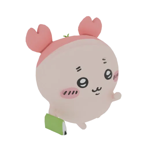 3D render of a cute, round, pink creature with large eyes, rosy cheeks, and pink ears, holding a green book.
