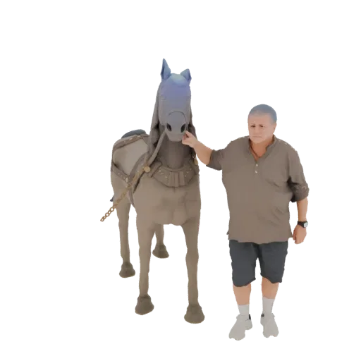 3D model of a man with short hair and a grey shirt, holding the head of a grey horse with a blueish tint on its head.