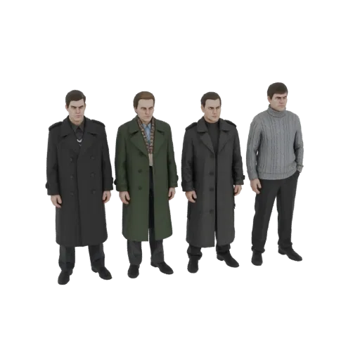 3D model of four men standing side-by-side, three in trench coats and one in a sweater, against a black background.
