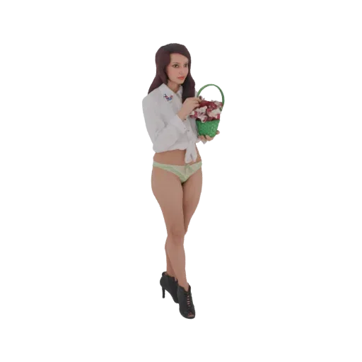 3D model of a woman wearing a white shirt and green underwear, holding a green basket full of flowers, with black heeled boots.