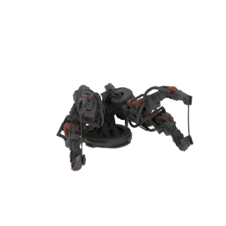3D-Modell einer dunkelgrauen mechanischen Spinnendrohne mit roten Akzenten an den Gelenken, posiert auf weißem Hintergrund.