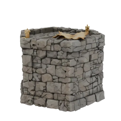 3D render of a weathered stone well tower with two candles and a draped pelt on its rim, set against a white background.